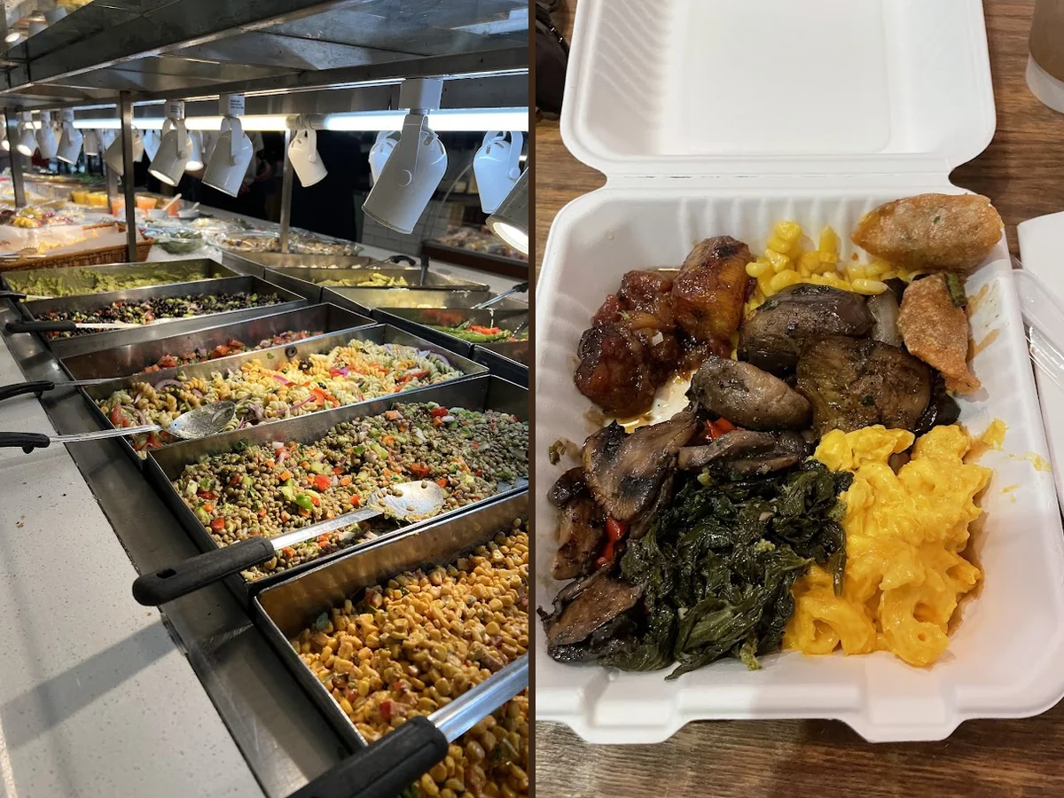 Grab-and-go lunch foods on stainless shelves