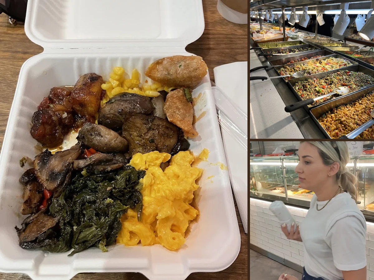 Grab-and-go lunch foods on stainless shelves